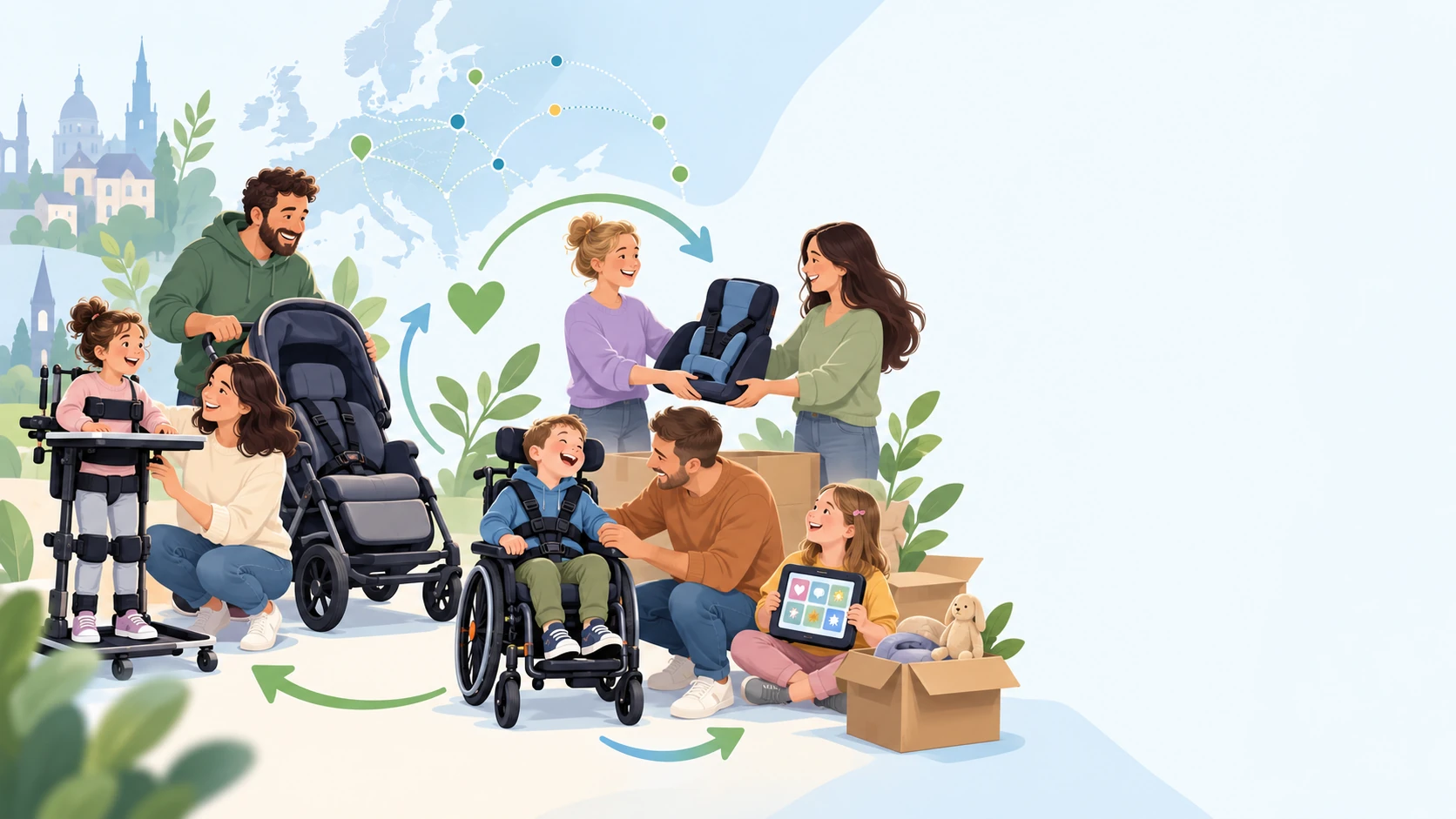 Illustration de familles partageant du matériel de mobilité et de communication adapté aux enfants.